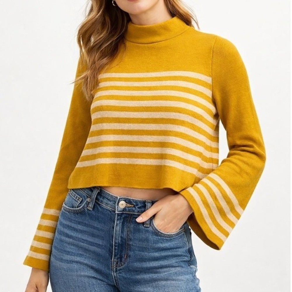 Moth Anthropologie Womens S Mock‎ Neck Sweater Mustard Stripe Bell Sleeve